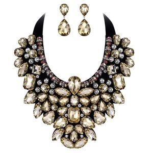Topaz and Diamond Crystal Adjustable Ribbon Bib Necklace and Earrings Set